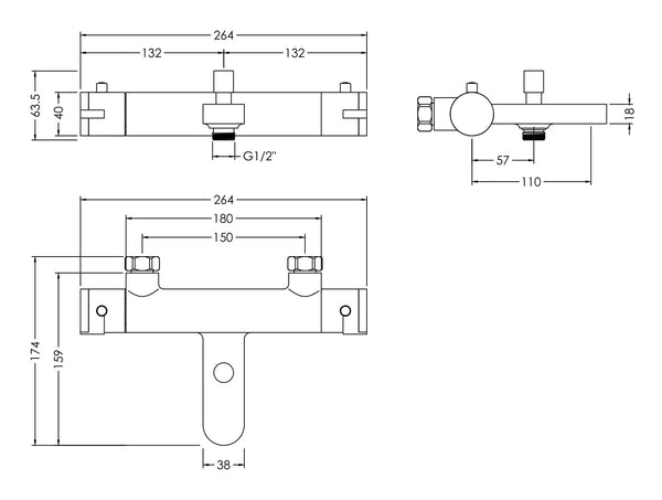 NUIE Wall Mounted Thermostatic Bath Shower Mixer