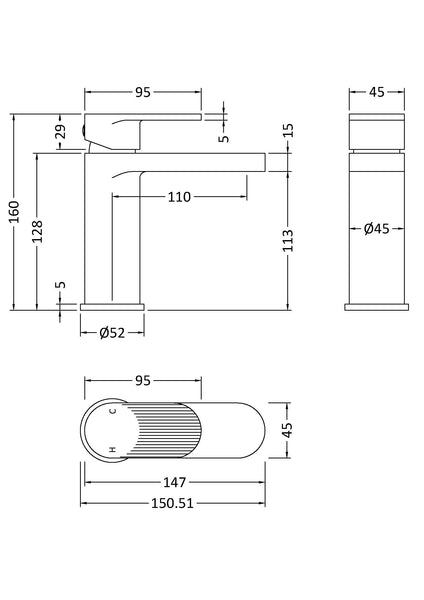 NUIE Fluted Mono Basin Mixer with Push Button Waste