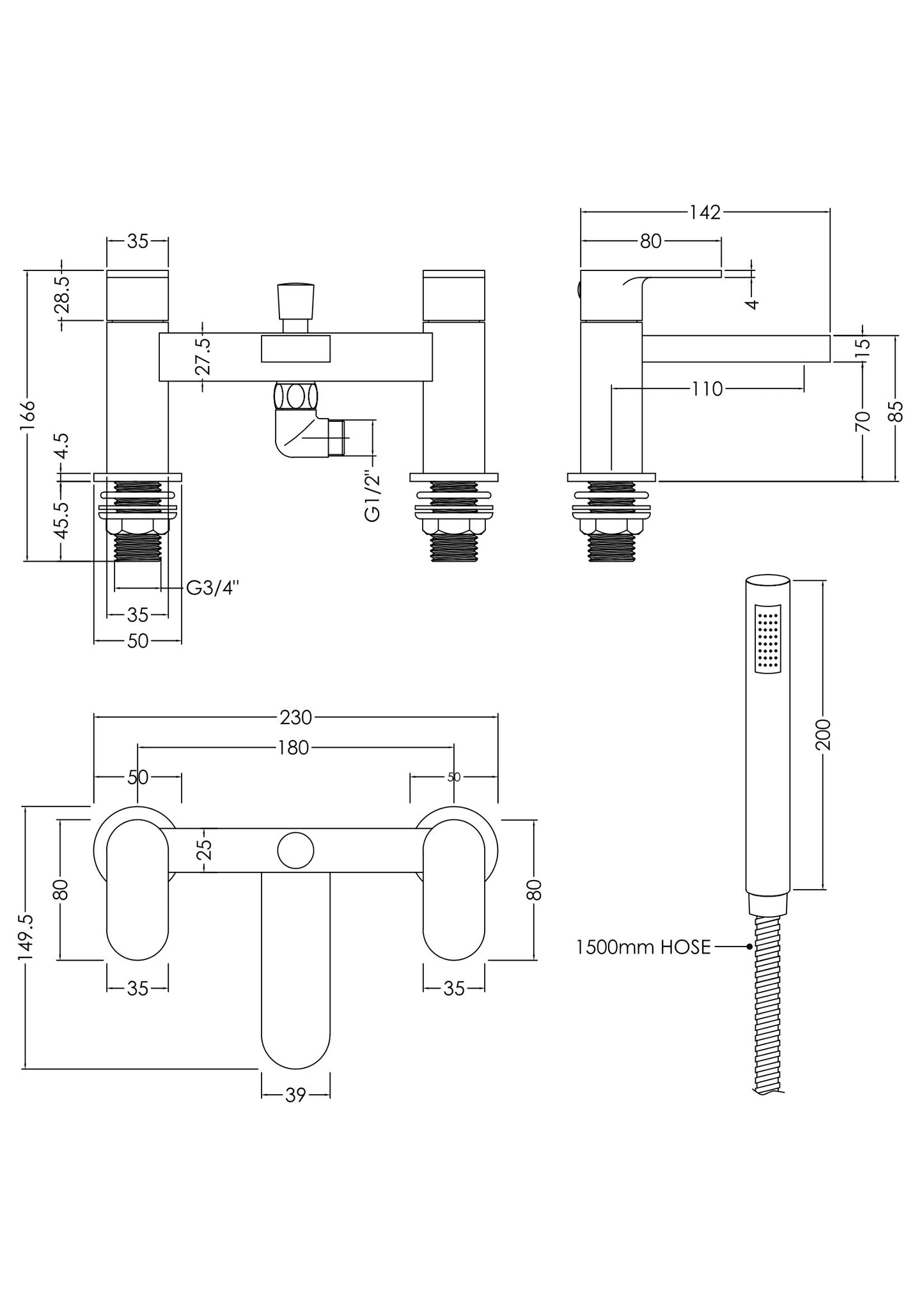 NUIE Deck Mounted Bath Shower Mixer With Kit