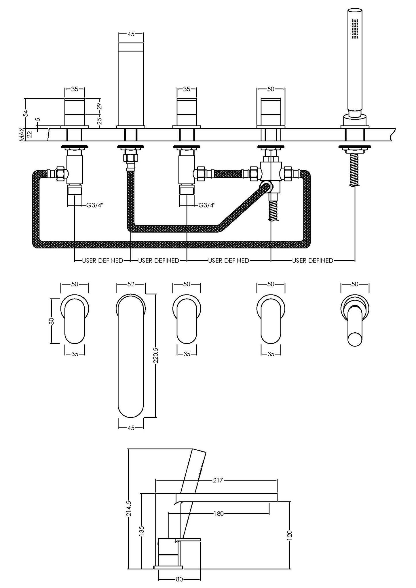NUIE Deck Mounted 5 Tap Hole Bath Shower Mixer