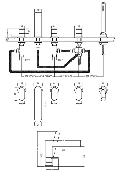 NUIE Deck Mounted 5 Tap Hole Bath Shower Mixer