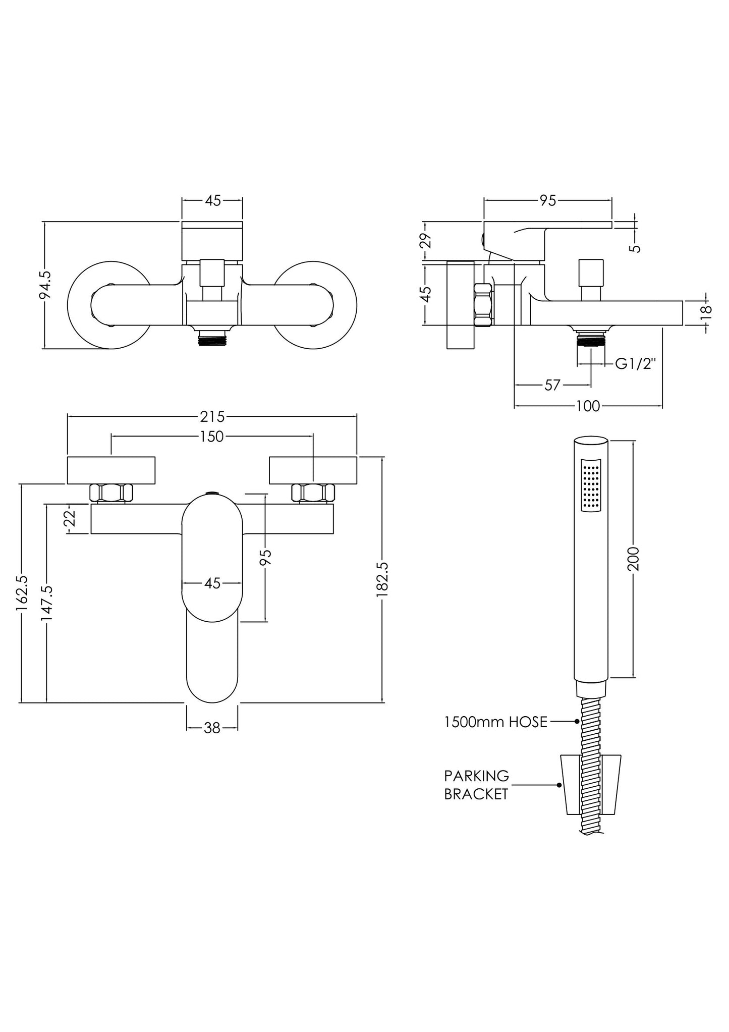 NUIE Wall Mounted Bath Shower Mixer With Kit