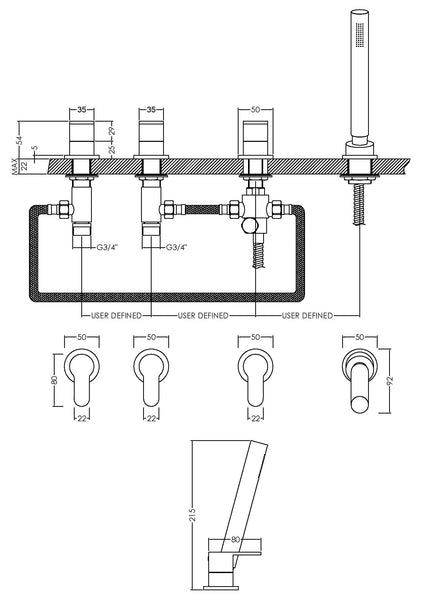 NUIE Deck Mounted 4 Tap Hole Bath Shower Mixer No Spout