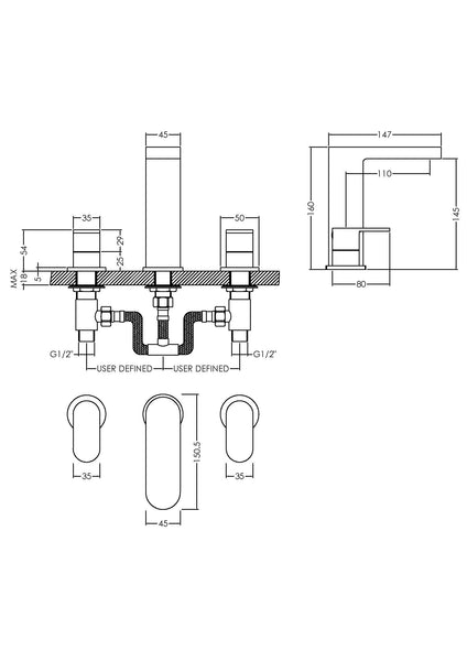 NUIE Deck Mounted 3 Tap Hole Basin Mixer With Pop Up Waste