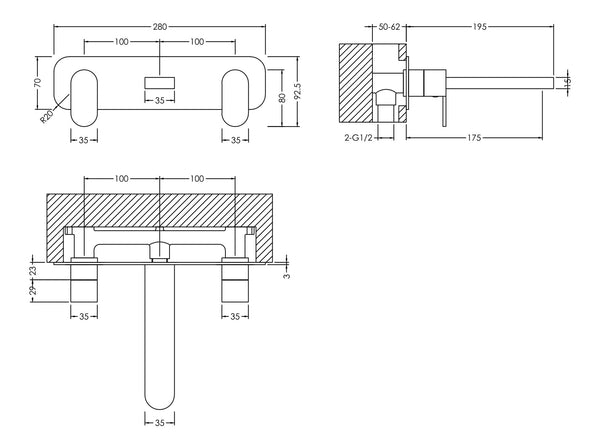 NUIE Wall Mounted 3 Tap Hole Basin Mixer With Plate