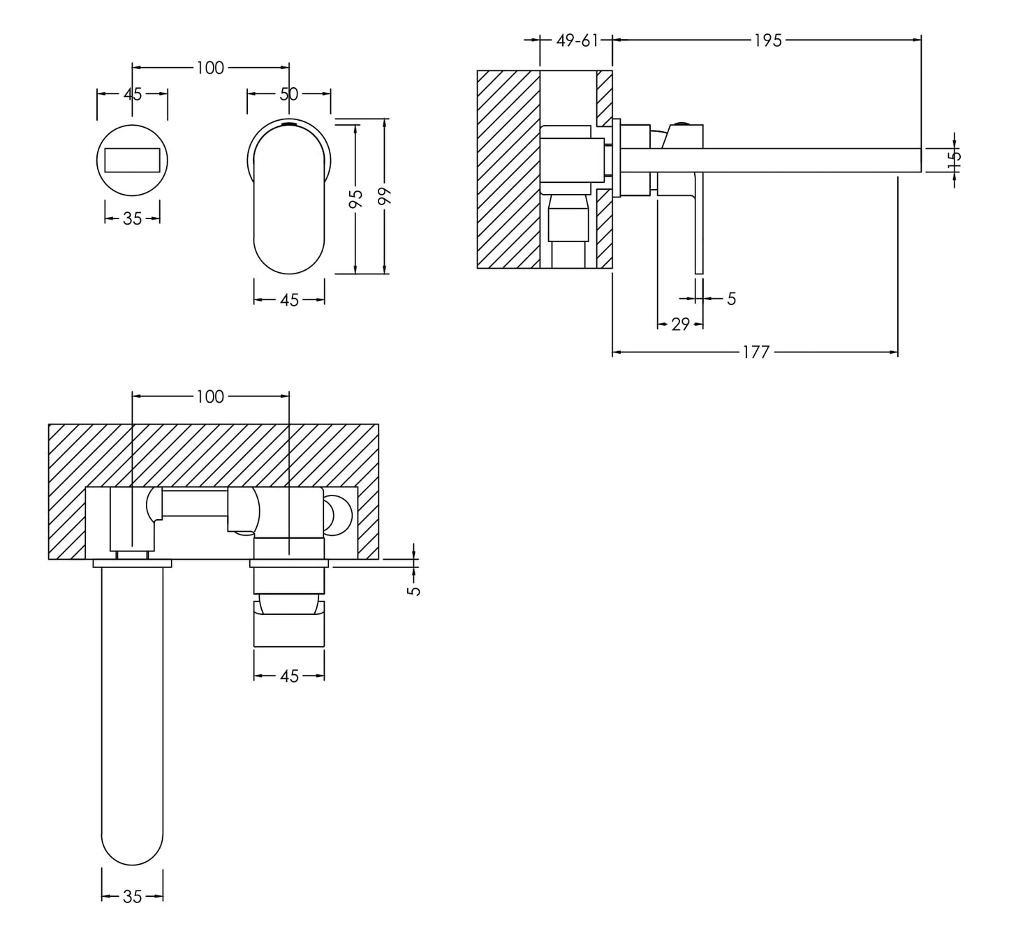 NUIE Wall Mounted 2 Tap Hole Basin Mixer