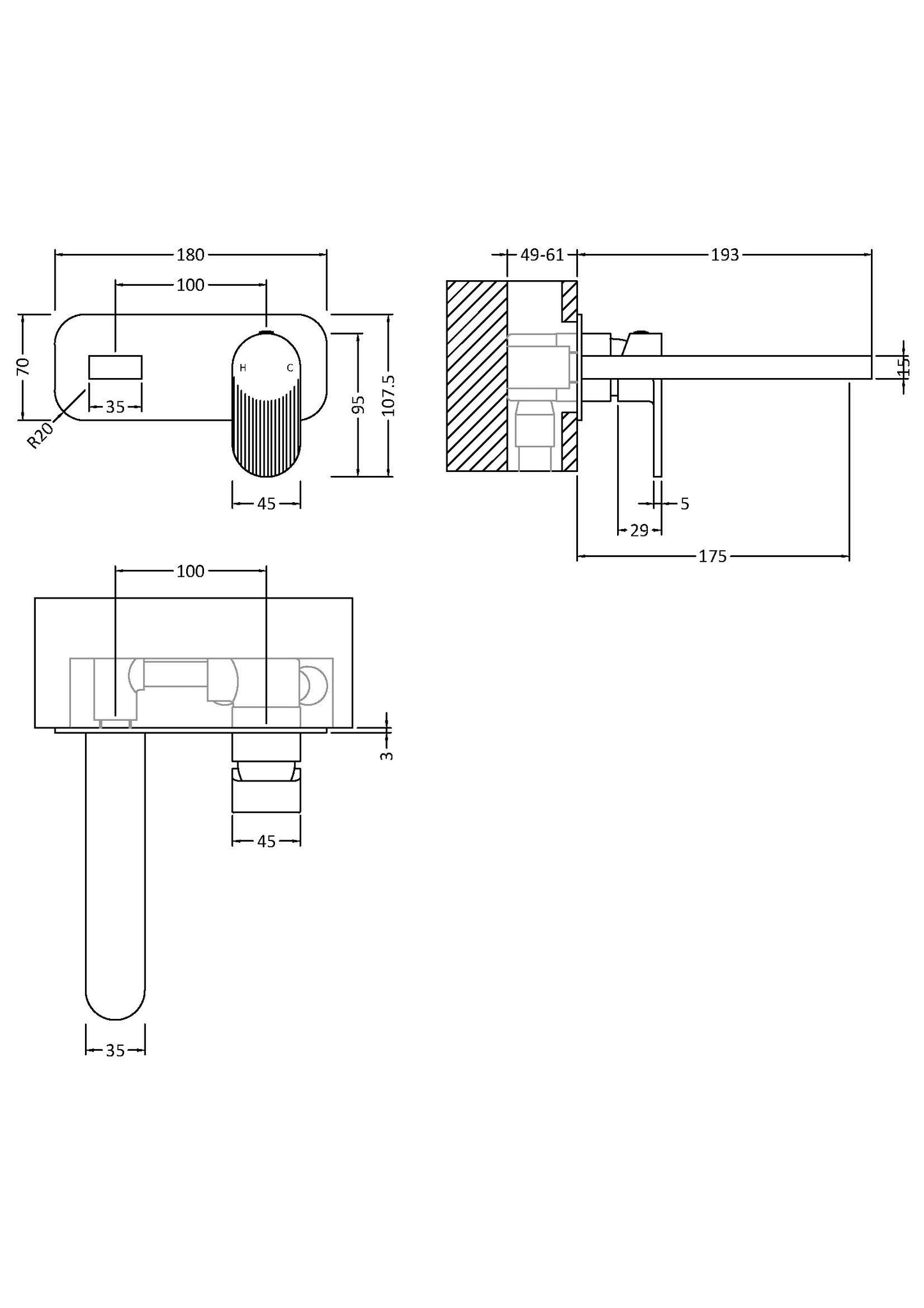 NUIE Wall Mounted 2 Tap Hole Basin Mixer With Plate
