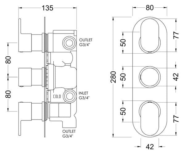 NUIE Triple Thermostatic Valve With Diverter