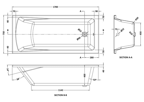 NUIE Eternalite Square Single Ended Bath 1700 x 750mm