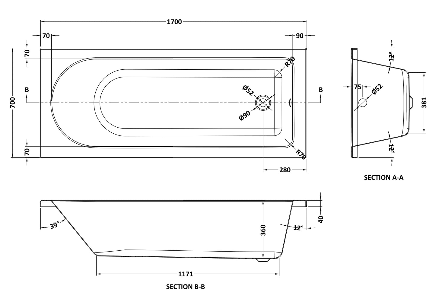 NUIE Eternalite Round Single Ended Bath 1700 x 700mm