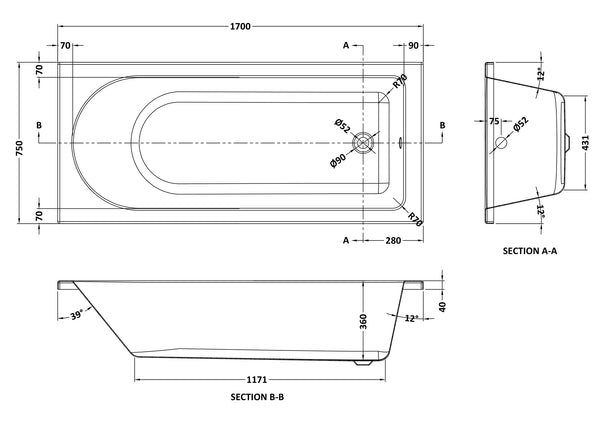 NUIE Eternalite Round Single Ended Bath 1700 x 750mm