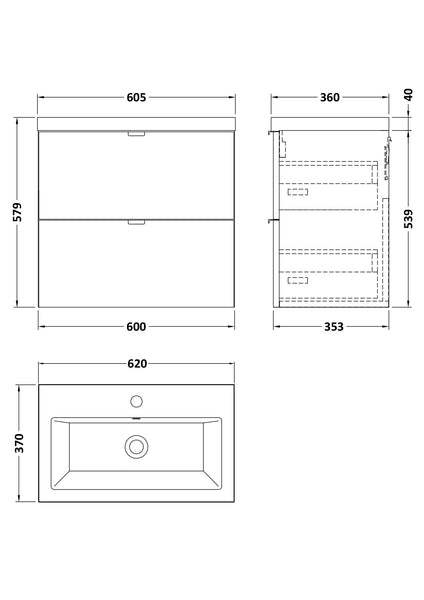 Hudson Reed 600mm Wall Hung 2-Drawer Unit & Basin