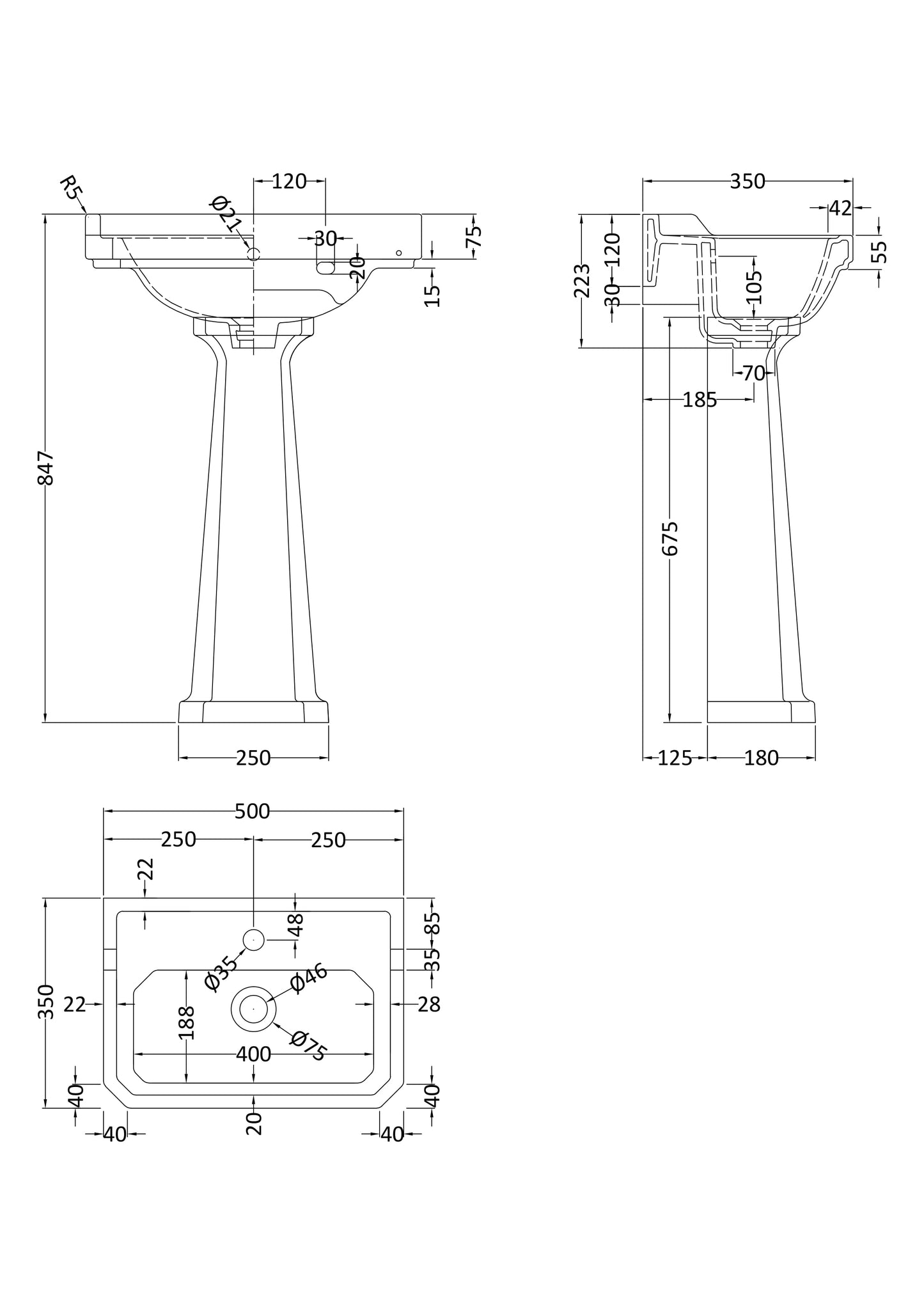 Hudson Reed 500mm Basin & Pedestal (1 Tap Hole)