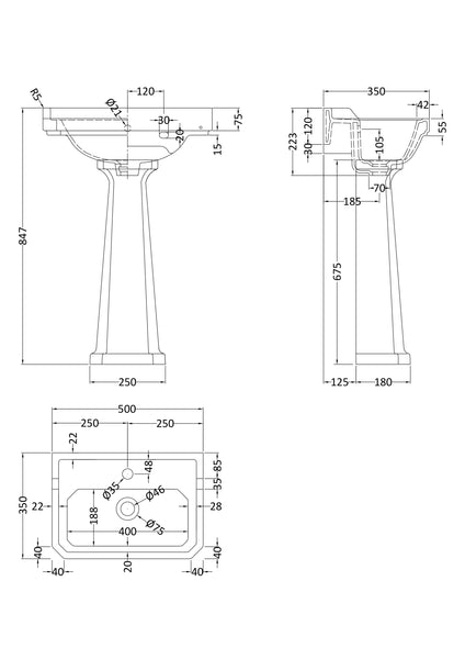 Hudson Reed 500mm Basin & Pedestal (1 Tap Hole)