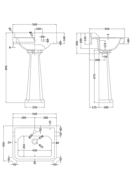 Hudson Reed 560mm Basin & Pedestal (1 Tap Hole)