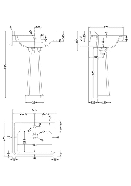 Hudson Reed 600mm Basin & Pedestal (1 Tap Hole)