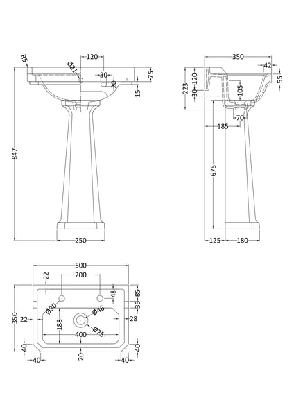 Hudson Reed 500mm Basin & Pedestal (2 Tap Hole)