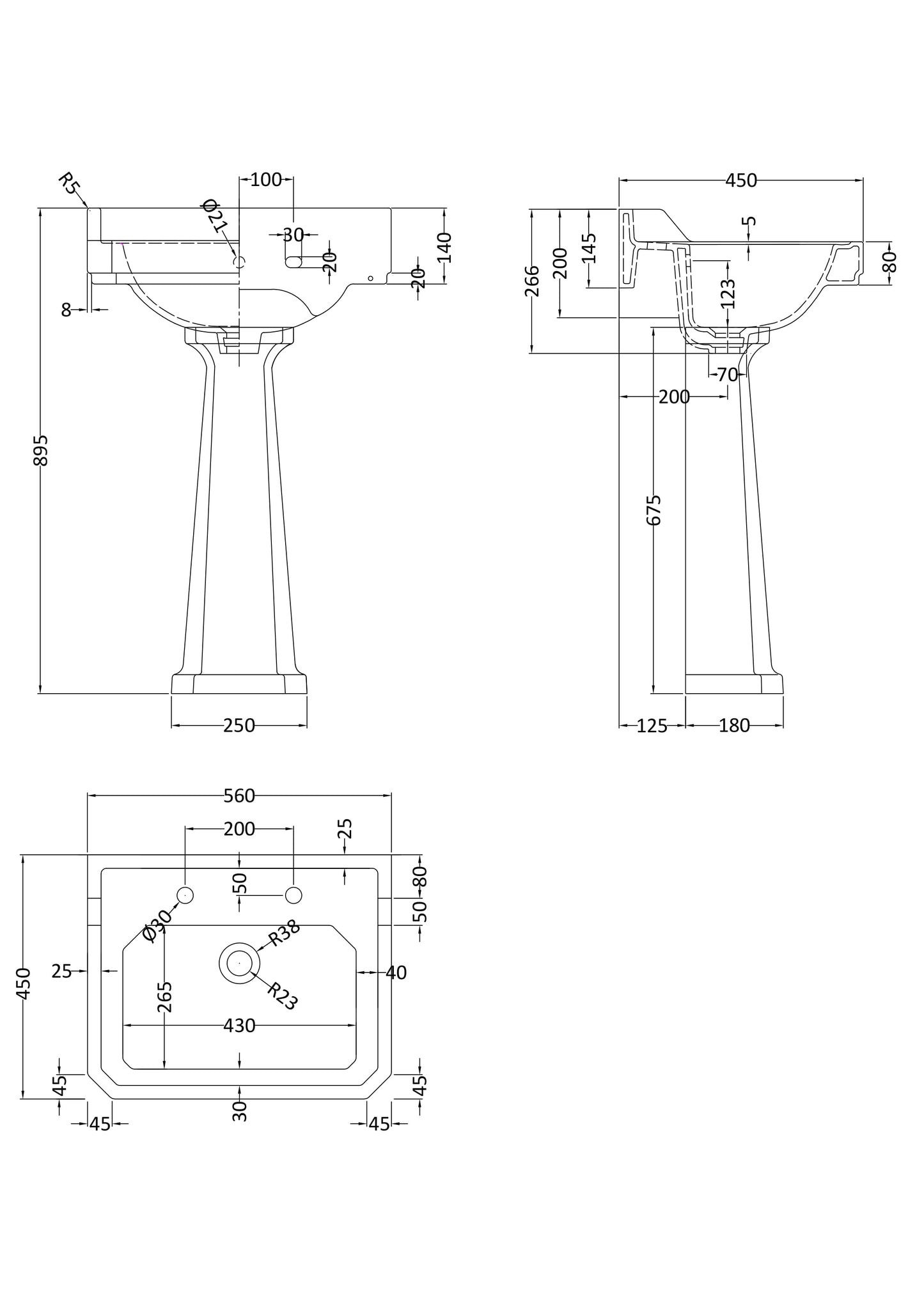 Hudson Reed 560mm Basin & Pedestal (2 Tap Hole)