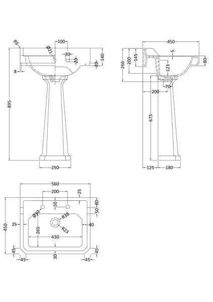 Hudson Reed 560mm Basin & Pedestal (2 Tap Hole)