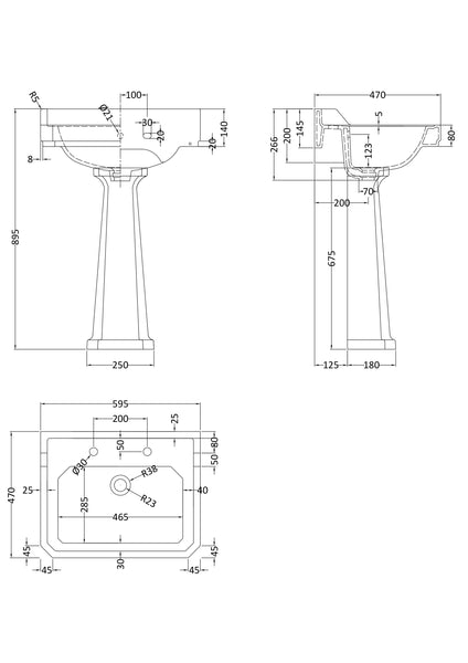 Hudson Reed 600mm Basin & Pedestal (2 Tap Hole)