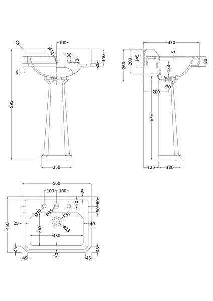 Hudson Reed 560mm Basin & Pedestal (3 Tap Hole)