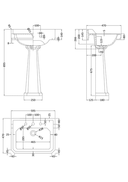 Hudson Reed 600mm Basin & Pedestal (3 Tap Hole)