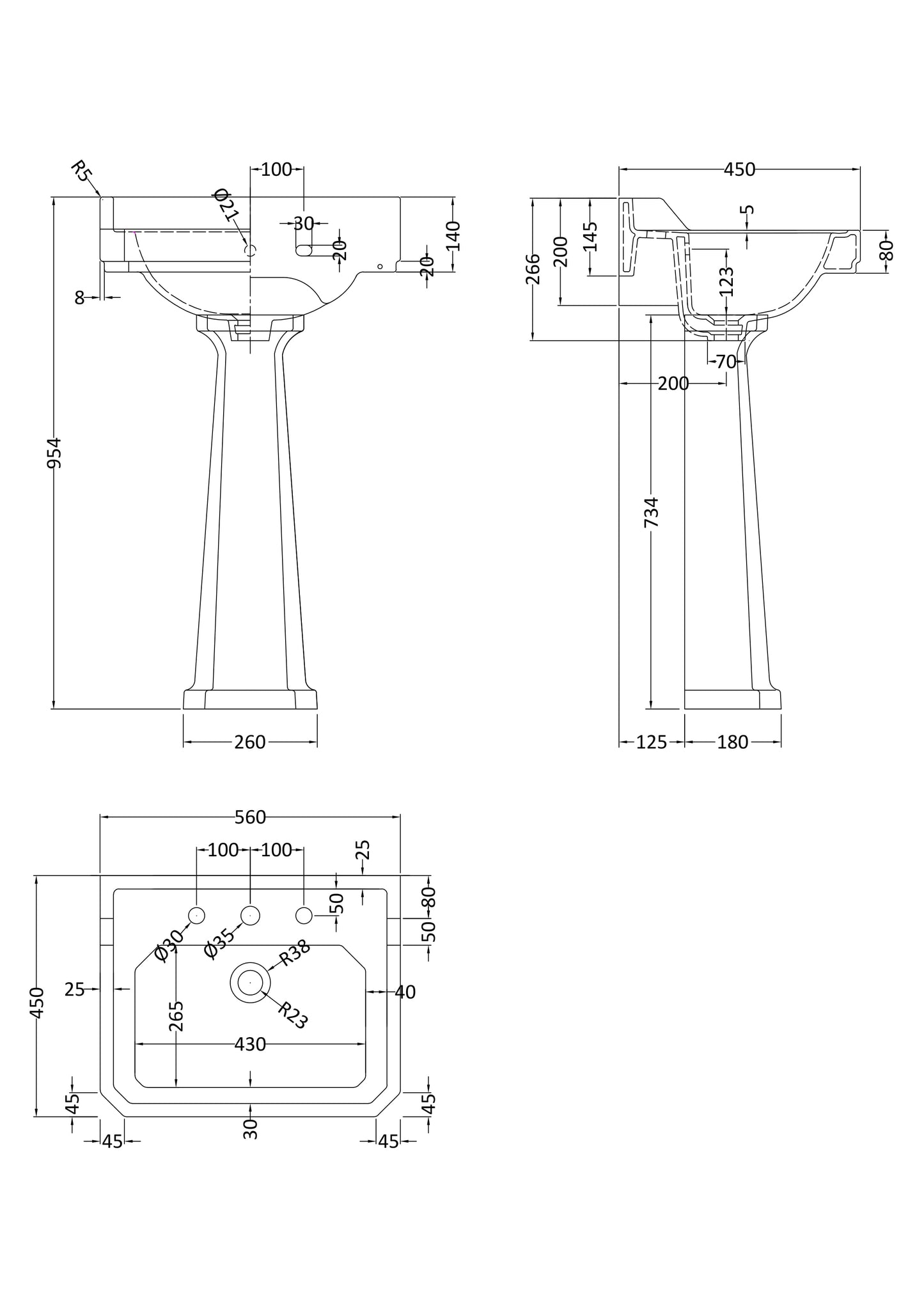 Hudson Reed 560mm 3TH Basin & Comfort Height Ped