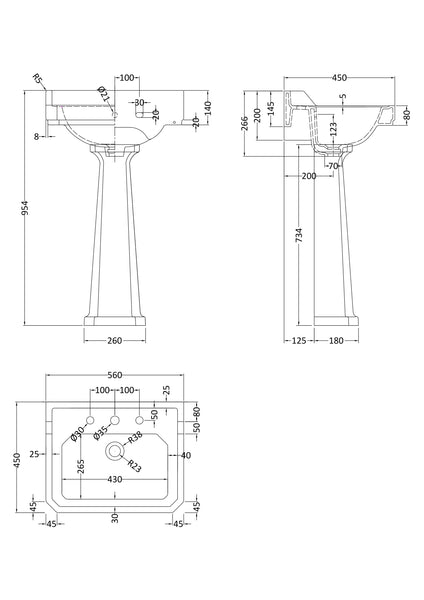 Hudson Reed 560mm 3TH Basin & Comfort Height Ped