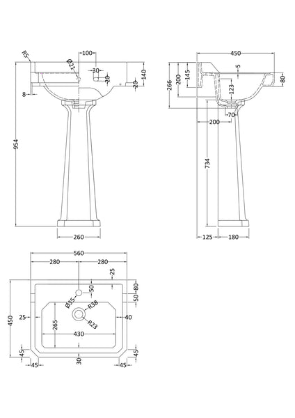 Hudson Reed 560mm 1TH Basin & Comfort Height Ped