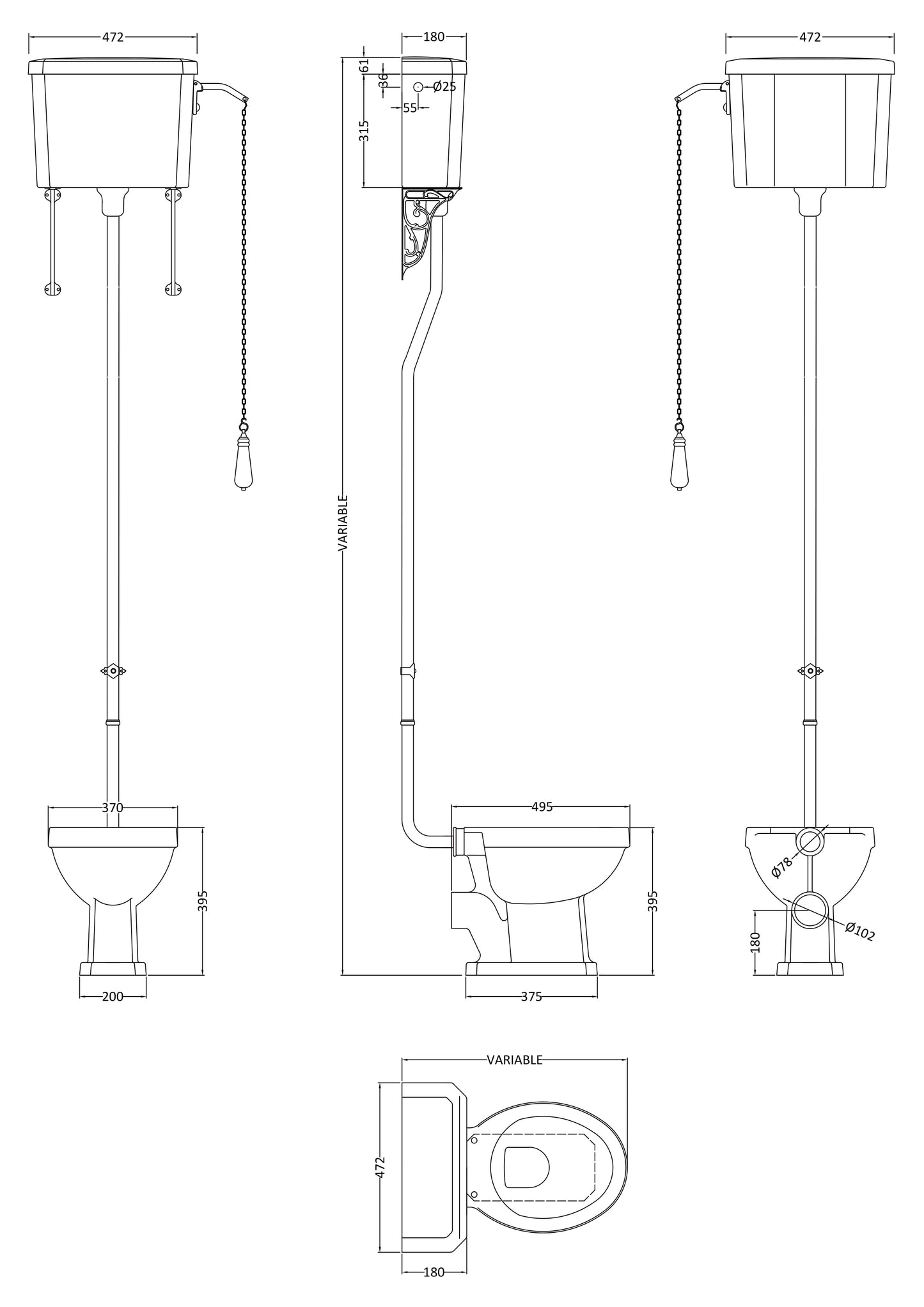 NUIE High Level Pan, Cistern & Flush Pipe Kit