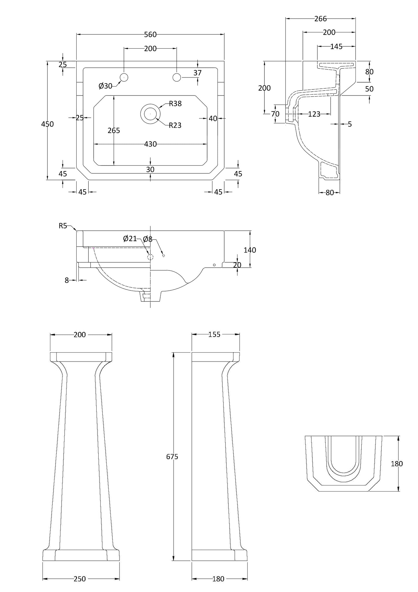 NUIE 560mm Basin & Pedestal (2 Tap Hole)