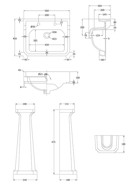 NUIE 560mm Basin & Pedestal (2 Tap Hole)