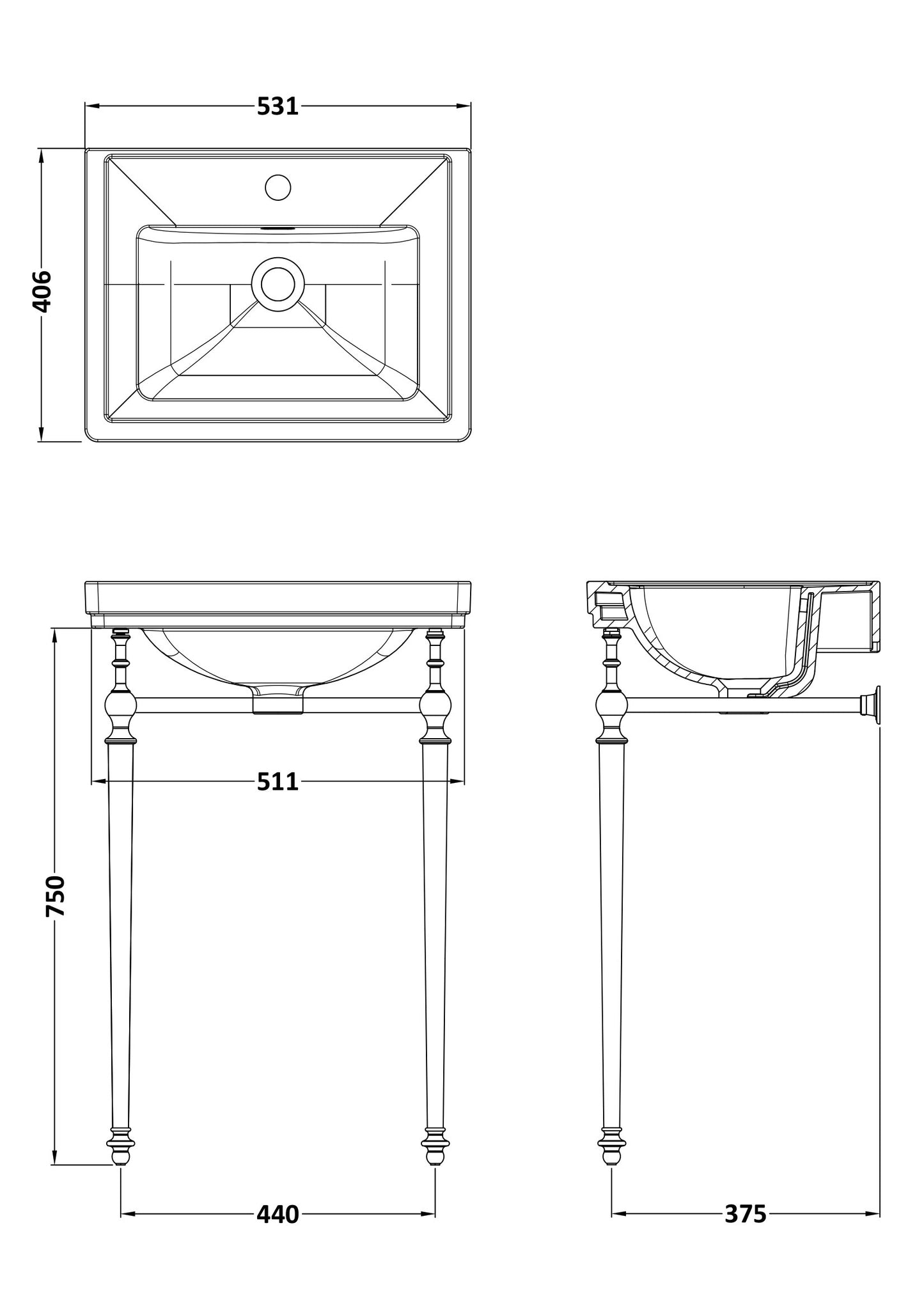 NUIE 500mm 1TH Basin With Traditional Stand