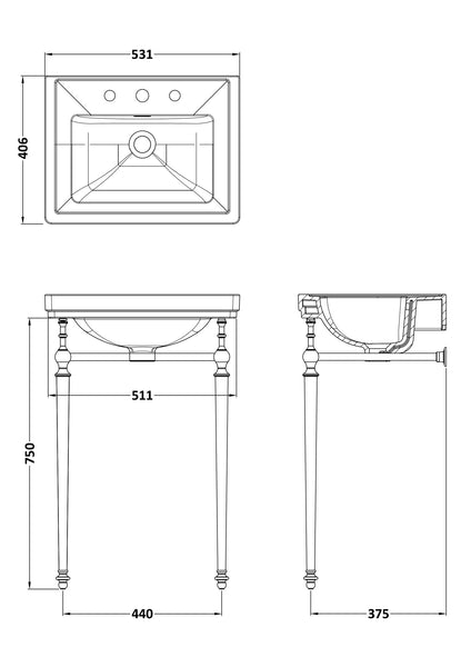NUIE 500mm 3TH Basin With Traditional Stand