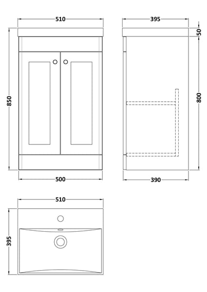 NUIE 500mm Floor Standing 2 Door Vanity & Basin 3