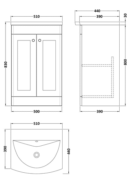NUIE 500mm Floor Standing 2-Door Unit & Curved Basin