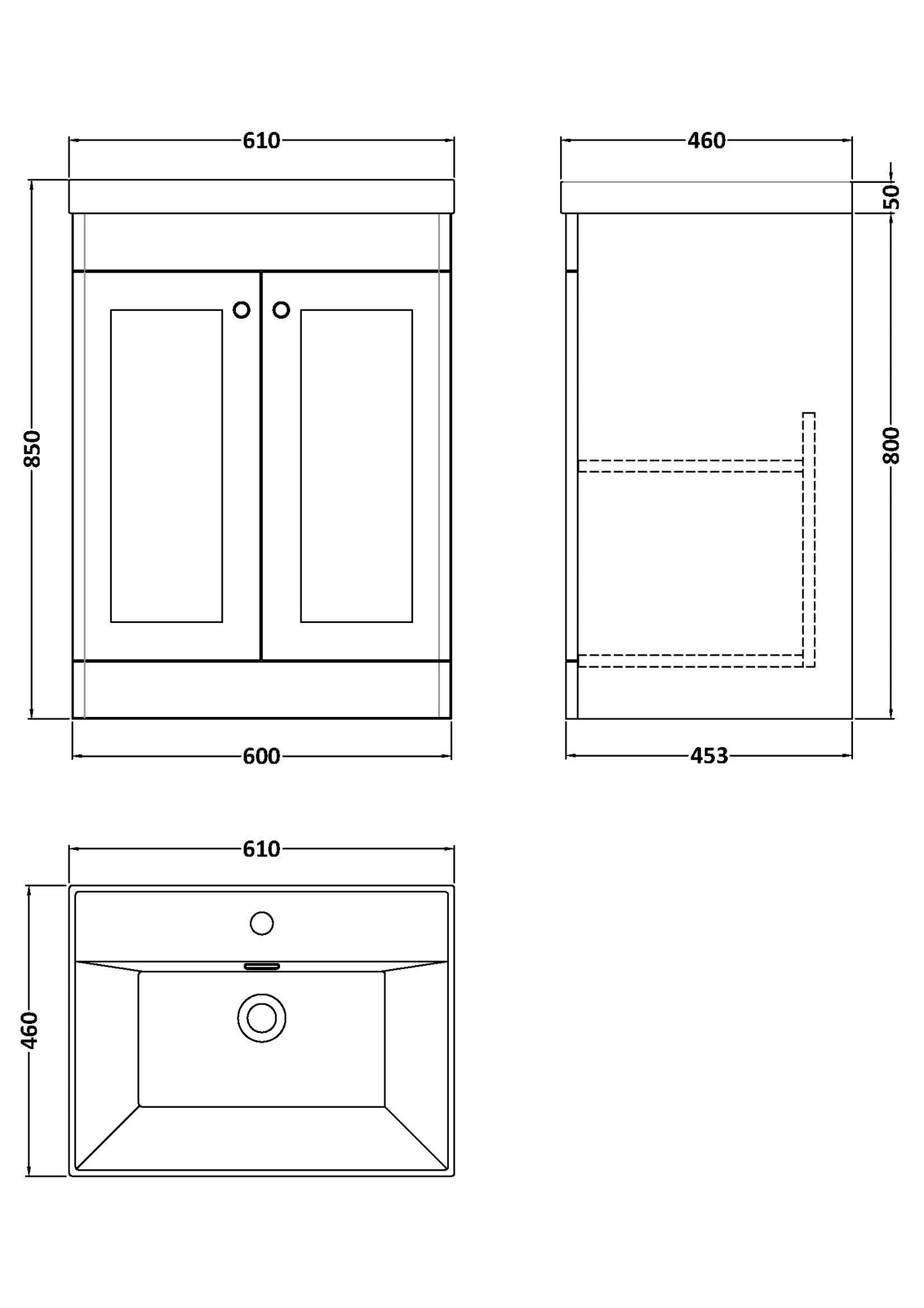 NUIE 600mm Floor Standing 2-Door Vanity with Basin - 1 Tap Hole