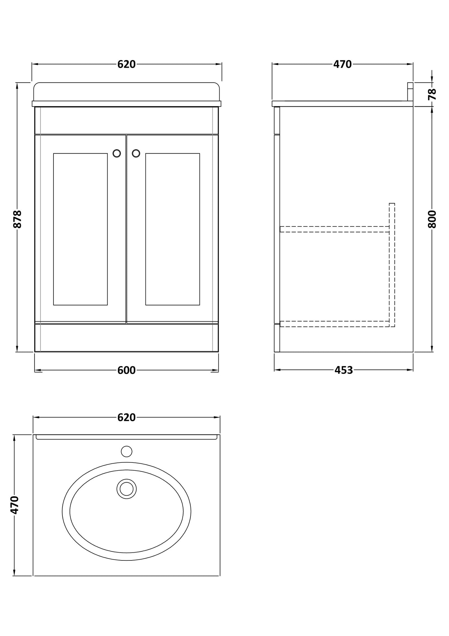 NUIE 600mm Floor Standing 2 Door Vanity & Marble Top 1TH