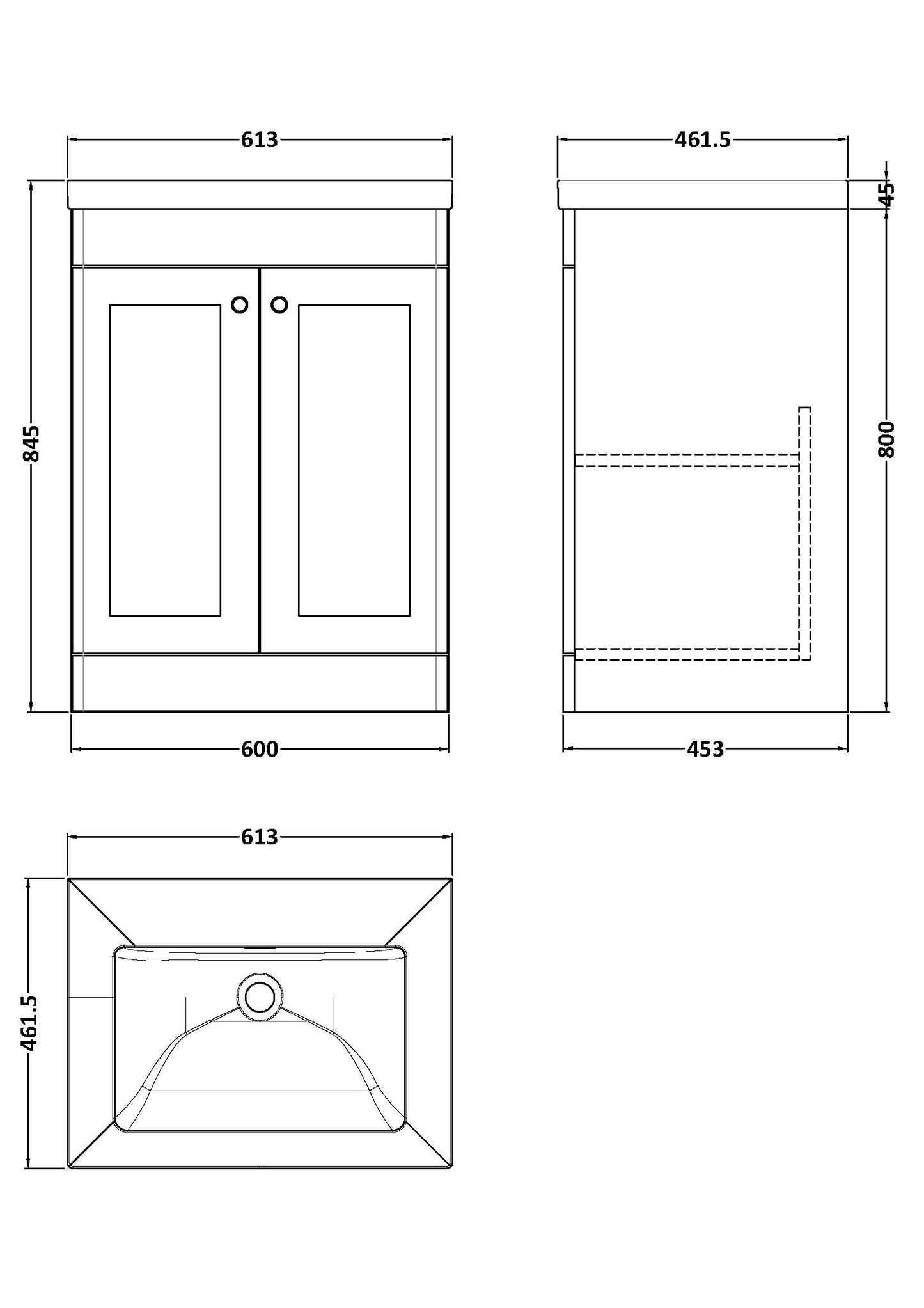 NUIE 600mm Floor Standing 2-Door Vanity with Basin - 0 Tap Hole