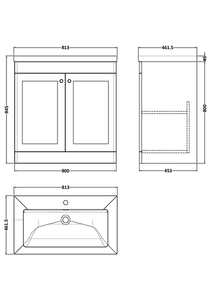 NUIE 800mm Floor Standing 2-Door Vanity with Basin - 1 Tap Hole