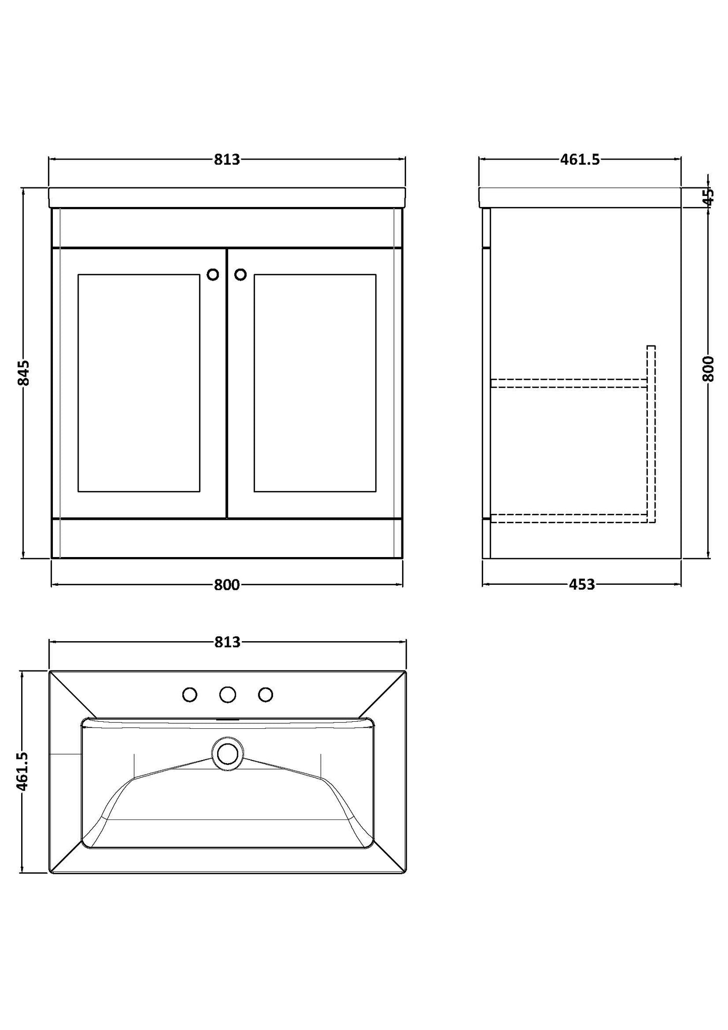 NUIE 800mm Floor Standing 2-Door Vanity with Basin - 3 Tap Hole