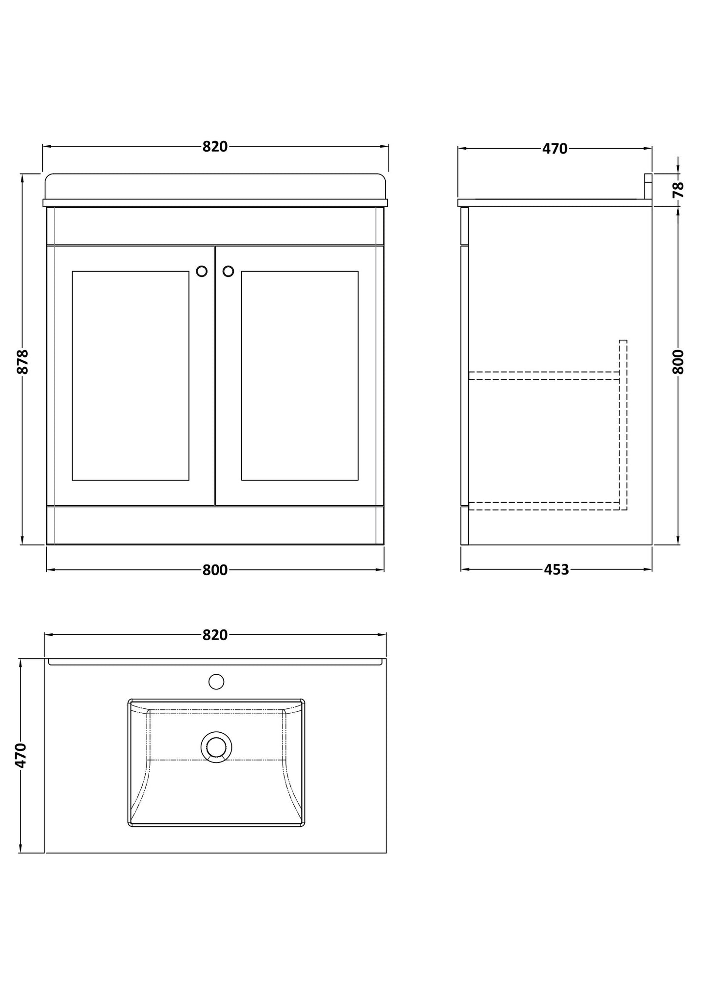 NUIE 800mm Floor Standing 2 Door Vanity & Marble Top 1TH
