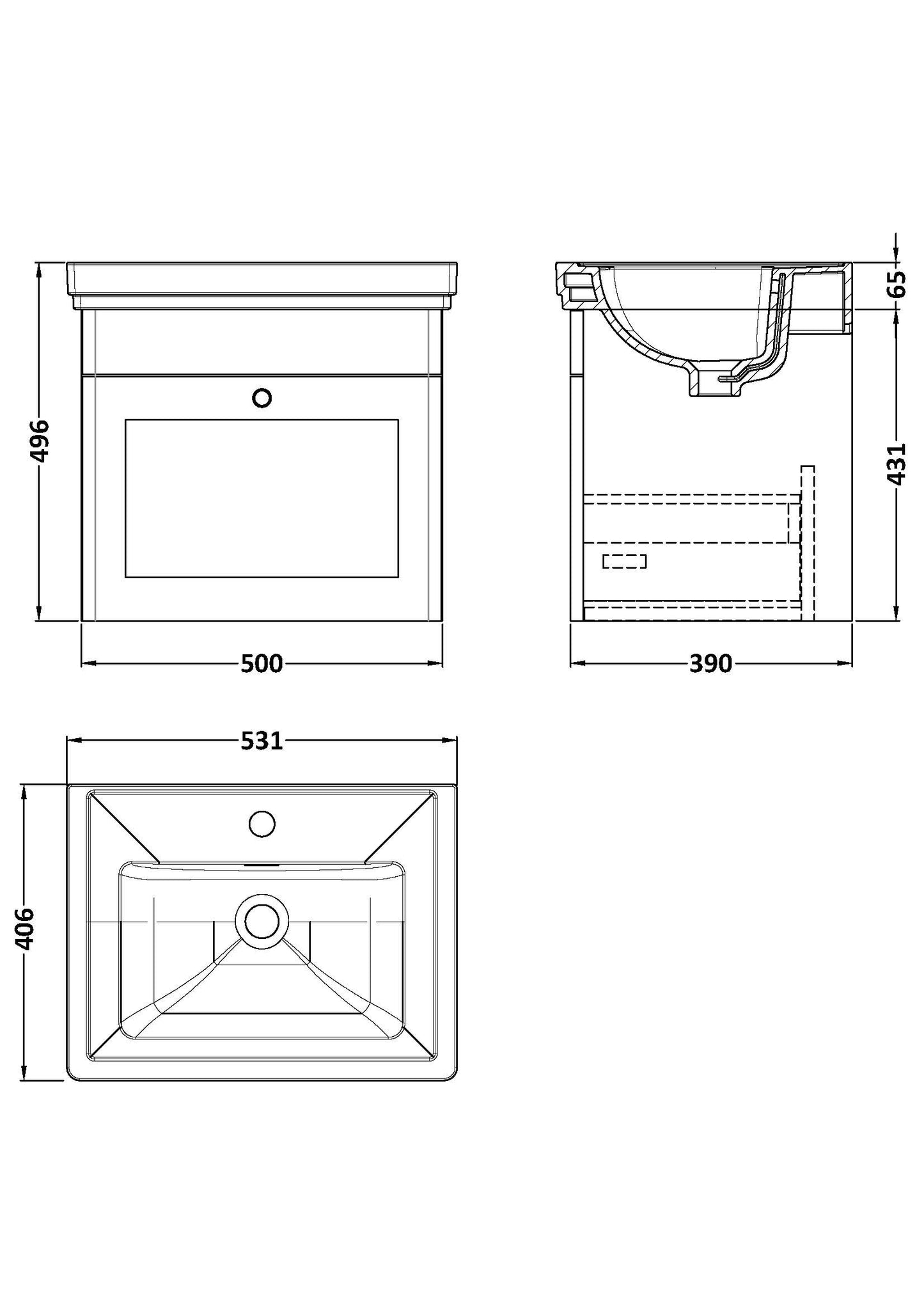 NUIE 500mm Wall Hung 1-Drawer Vanity & Basin 1TH