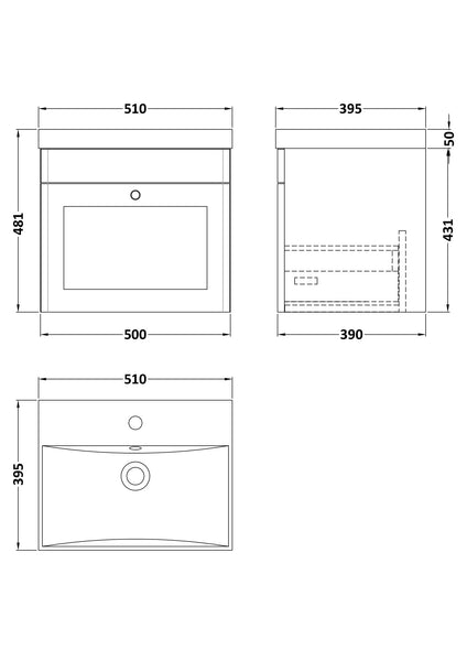 NUIE 500mm Wall Hung 1 Drawer Vanity & Basin 3