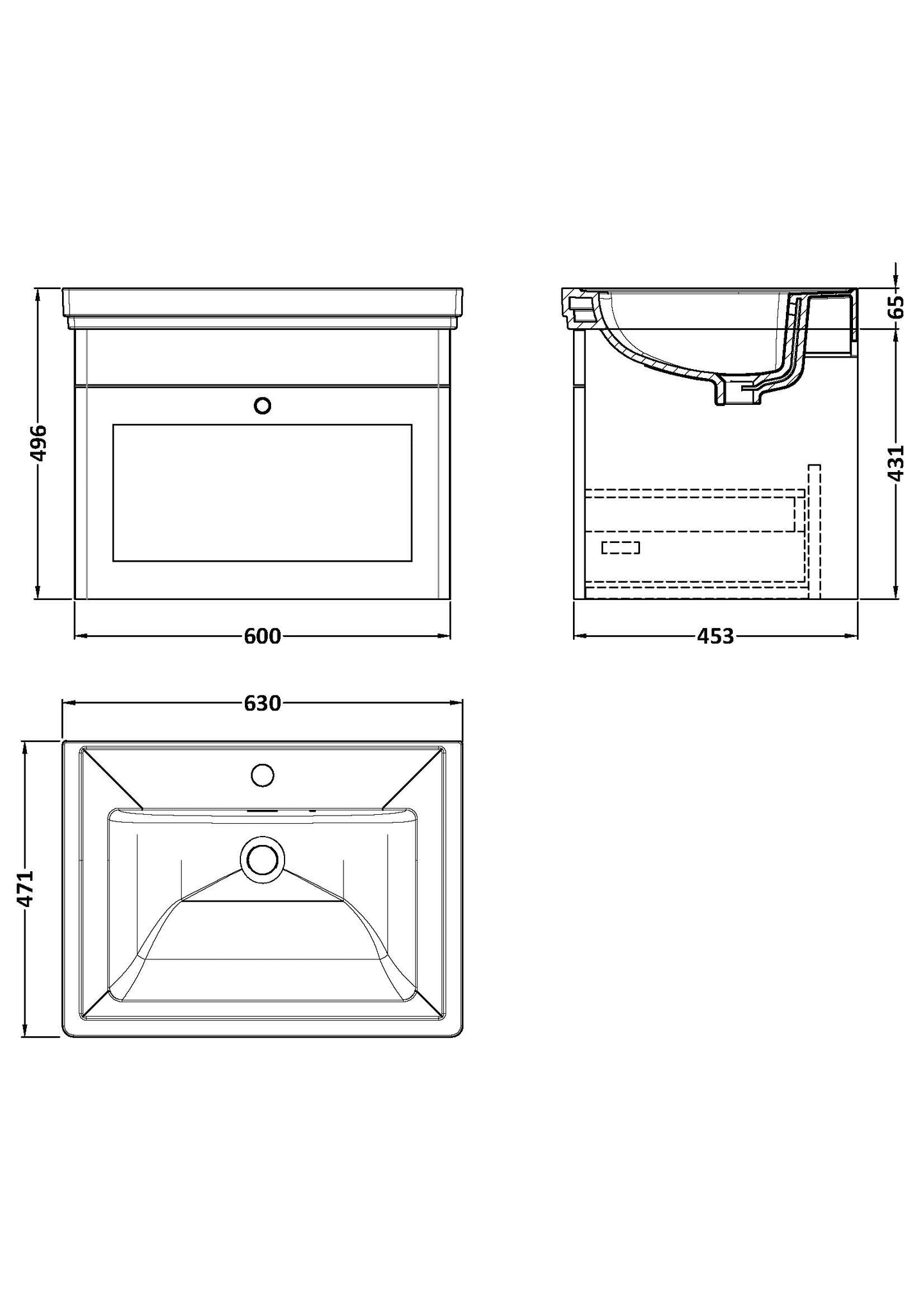NUIE 600mm Wall Hung 1-Drawer Vanity & Basin 1TH