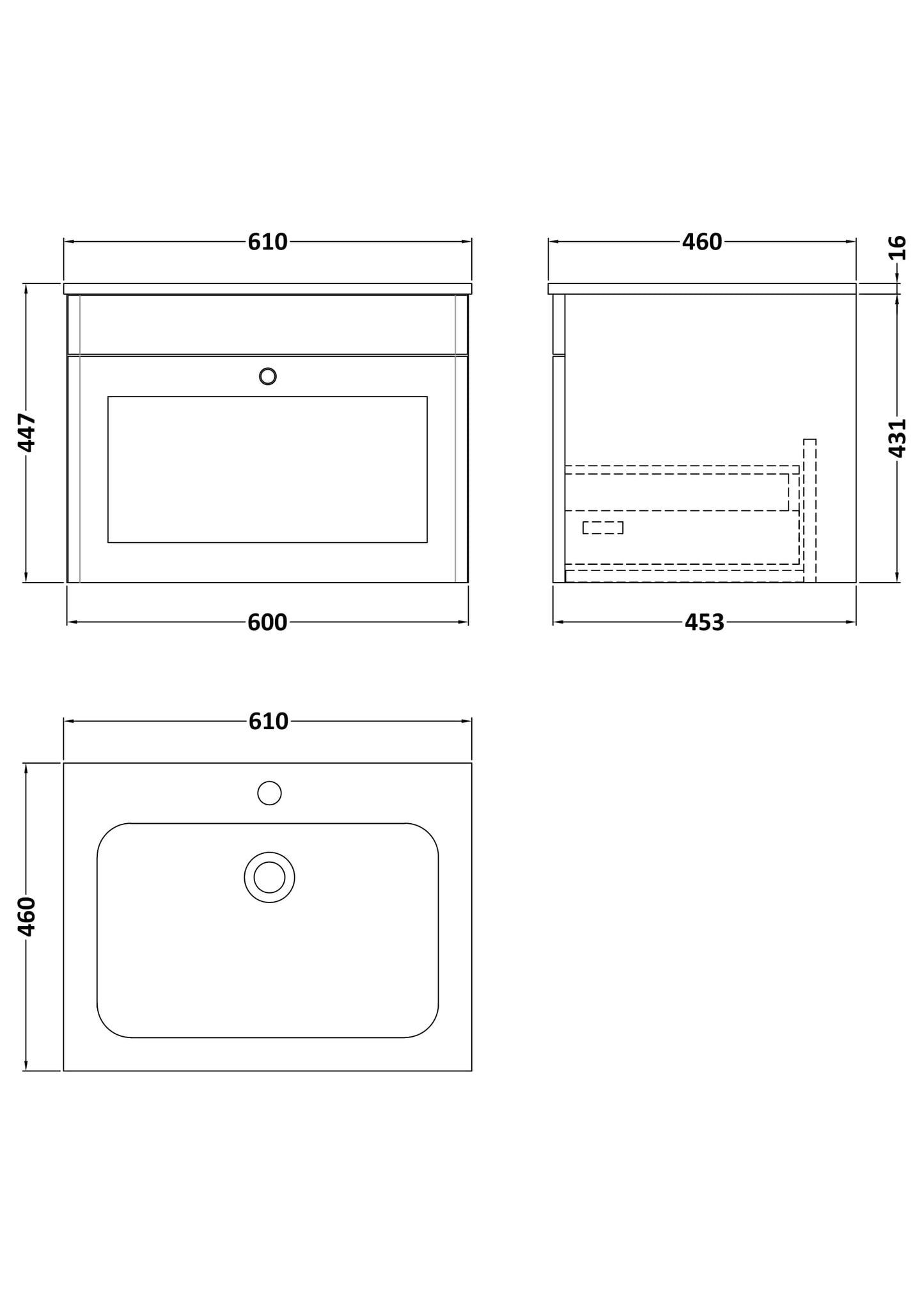 NUIE 600mm Wall Hung 1-Drawer Unit & Stone Basin 1TH