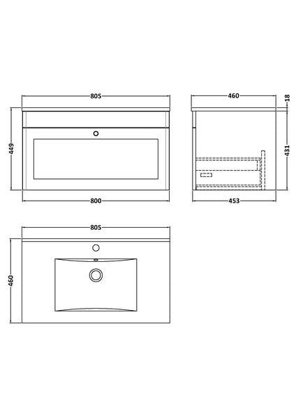 NUIE 800mm Wall Hung Single Drawer Vanity with Basin - 1 Tap Hole