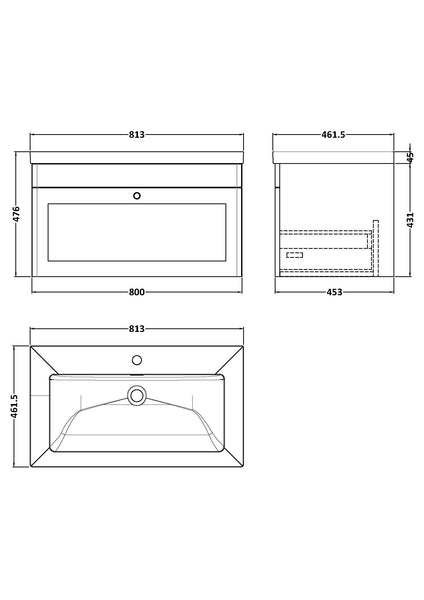 NUIE 800mm Wall Hung Single Drawer Vanity with Basin - 1 Tap Hole