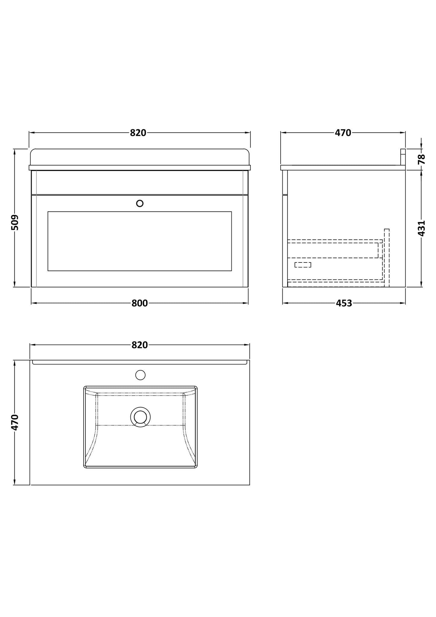 NUIE 800mm Wall Hung 1 Drawer Vanity & Marble Top 1TH