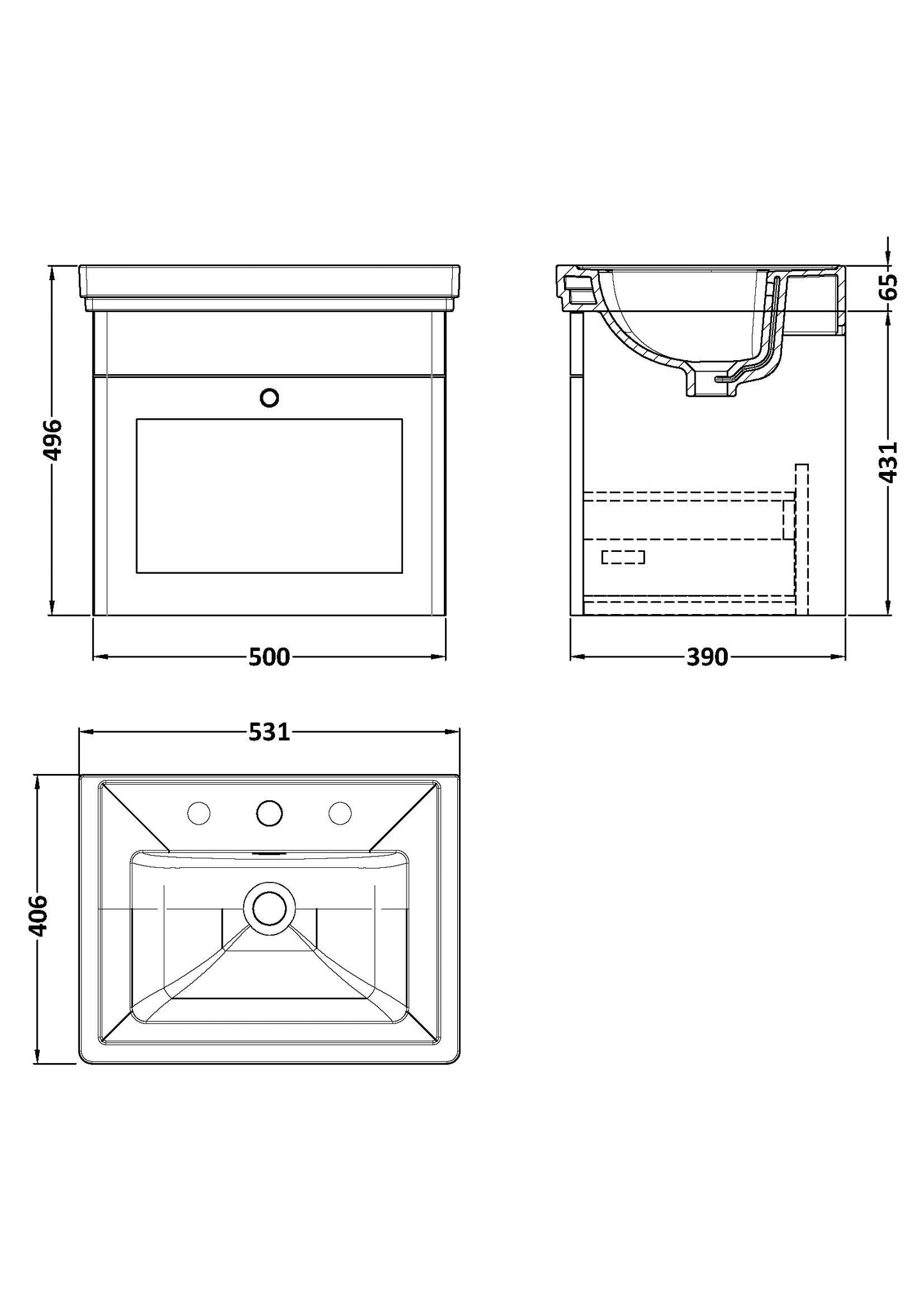 NUIE 500mm Wall Hung 1-Drawer Vanity & Basin 3TH